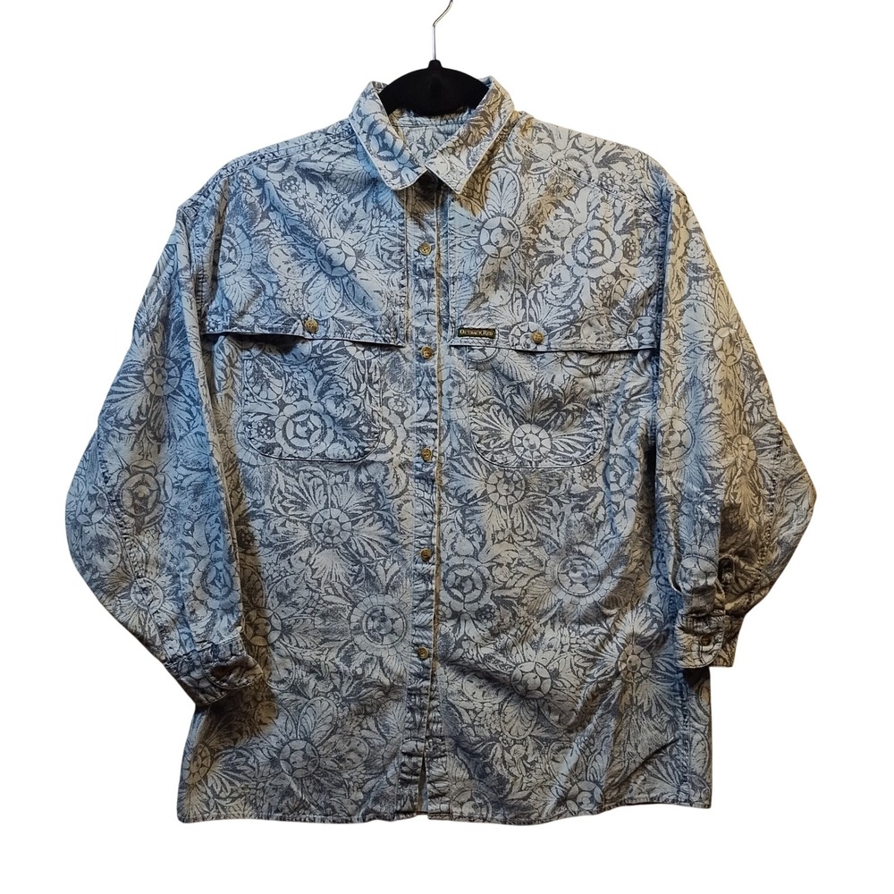 Vintage Outback Red Blue‎ Floral Medallion Womens S Button Up Safari Shirt
